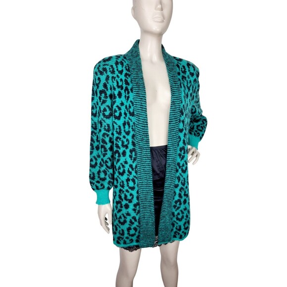 Vintage 80s Brenda French Hand Loomed Green Cheetah Mohair Open Front Sweater